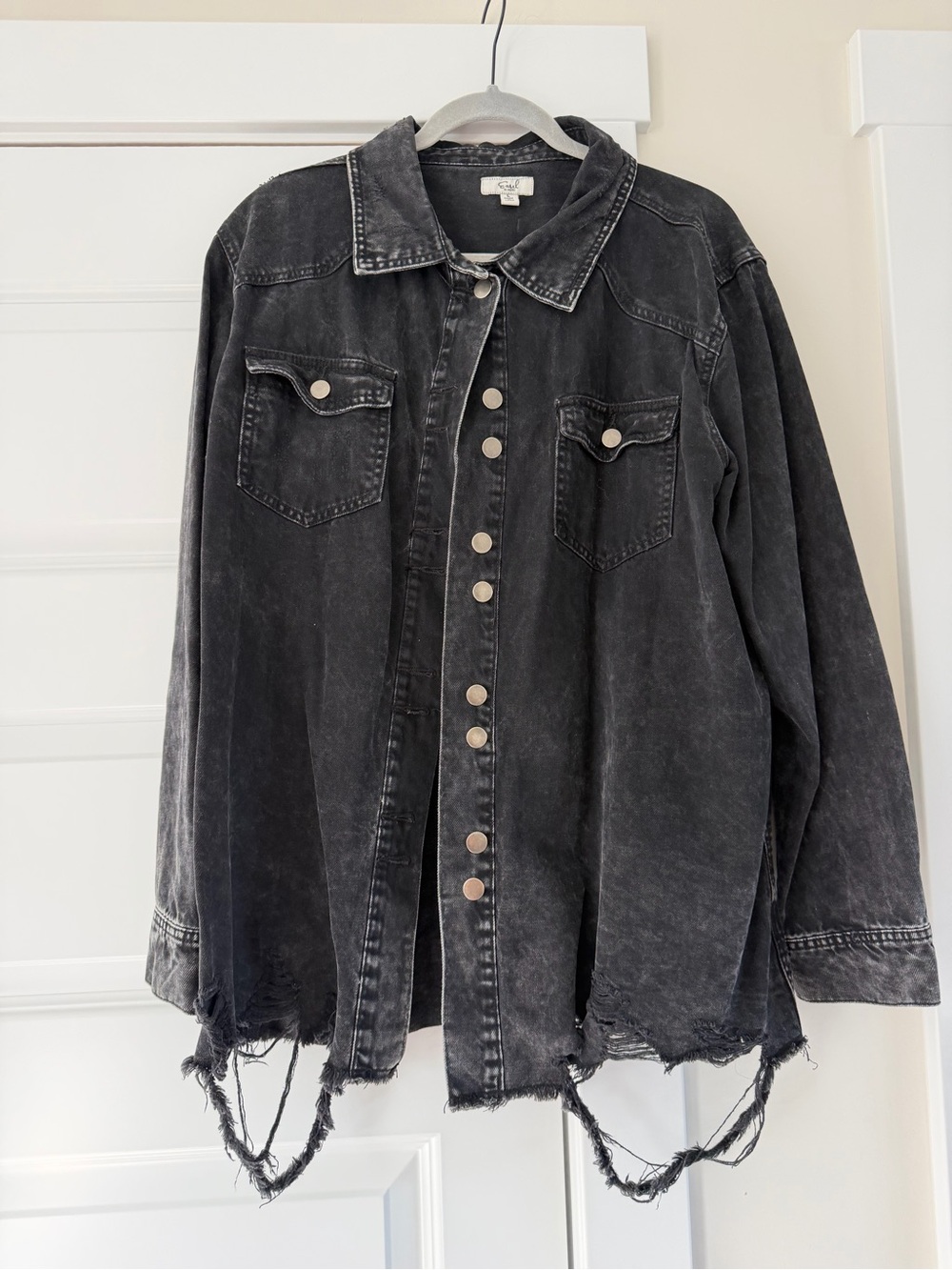 easel Washed Black Distressed Oversized Denim Jacket - Picture 1 of 4